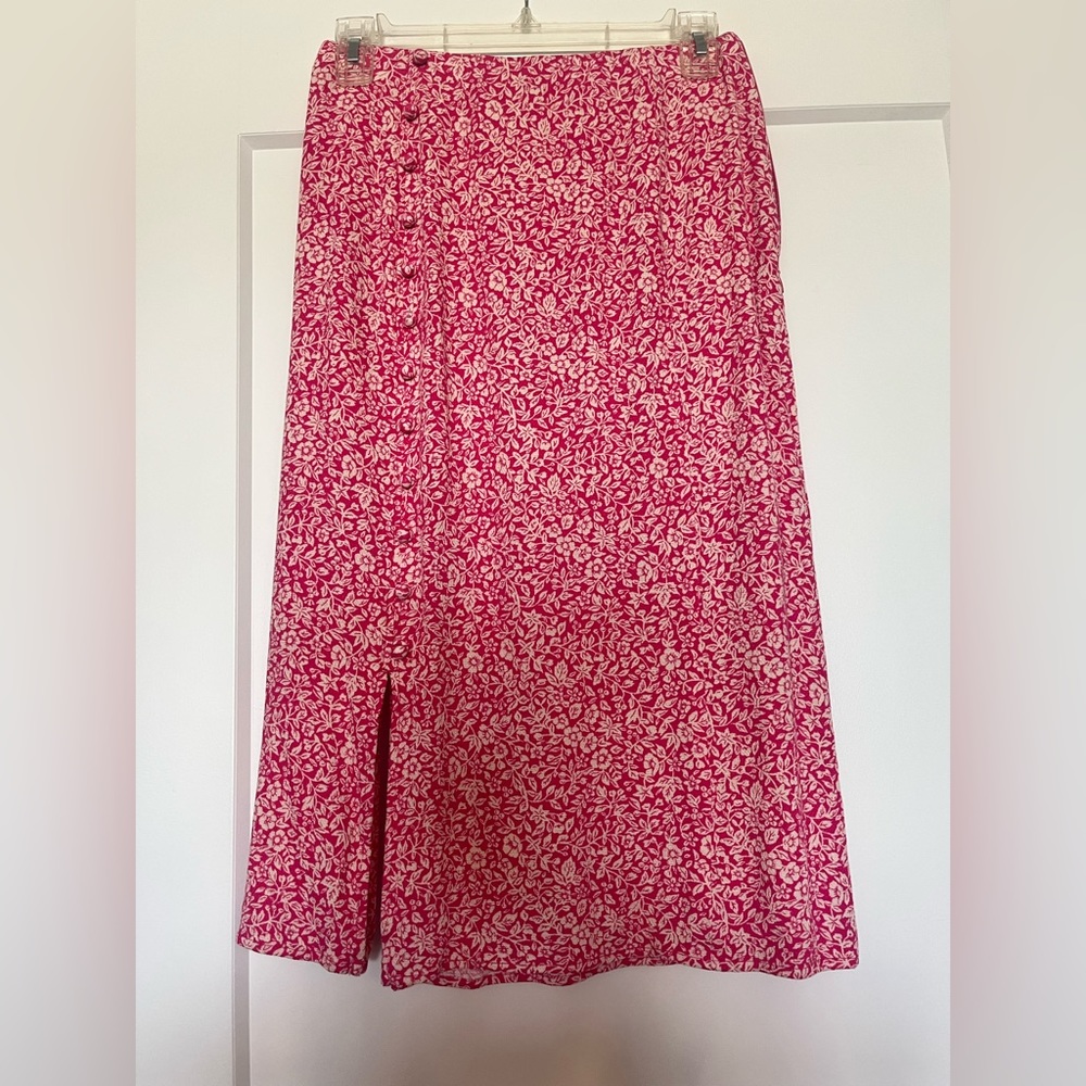 Anthropologie pink and white floral midi skirt